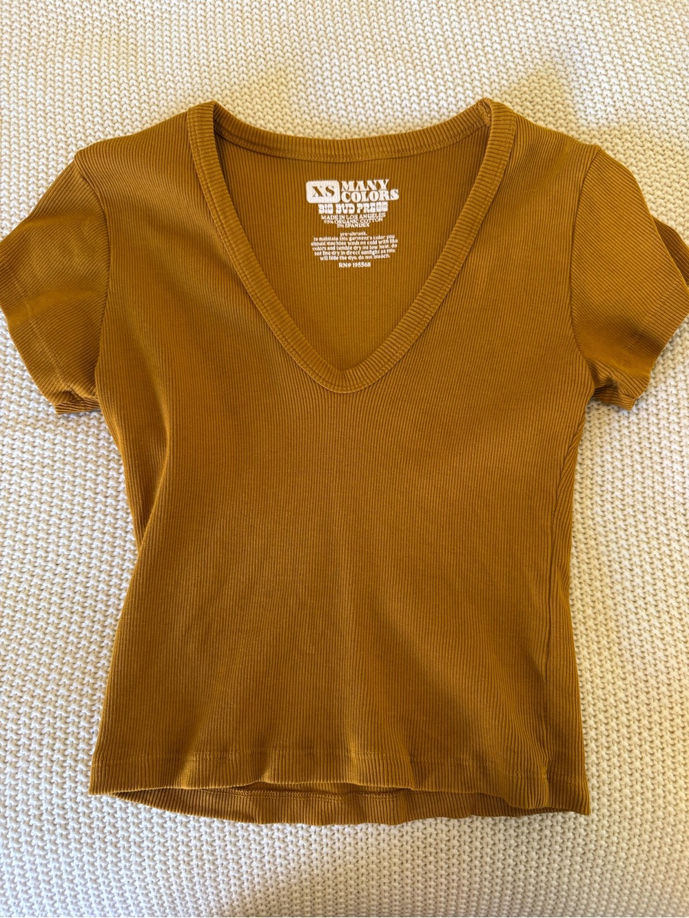 Big Bud Press Ribbed V-Neck Tee in Mustard Brown